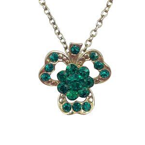 Vintage Four-Leaf Clover Necklace With Green Rhinestones & Silver Chain